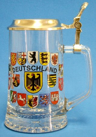 Lidded Glass Beer Mug with German Crests